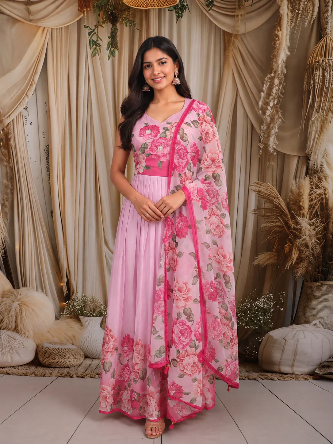 Blush Pink Floral Printed Design Chiffon Anarkali Gown with Dupatta